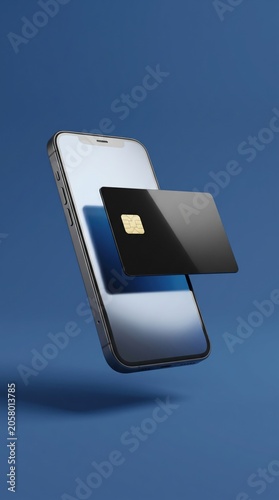 Smartphone with black credit card making digital payment and online banking on blue background