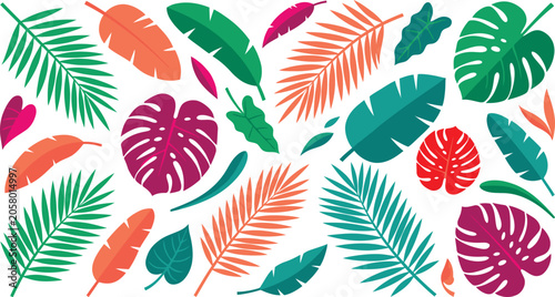 Colorful tropical palm leaves and monstera plant set