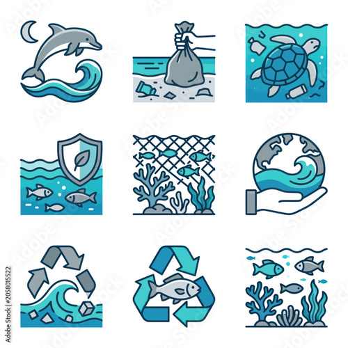 Eco friendly ocean conservation icons set.