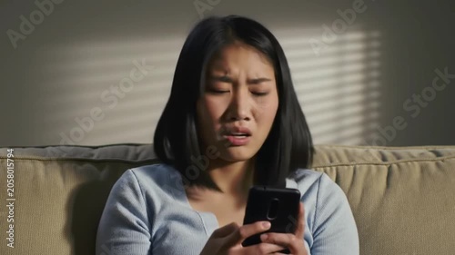 Asian woman disgusted while looking at smartphone on sofa