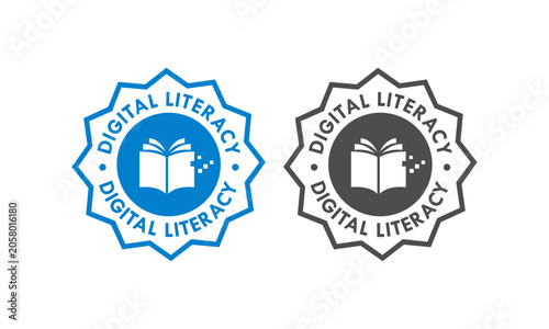 Digital literacy badge vector design, featuring an open book and pixel elements inside a star circle frame for education and technology label.