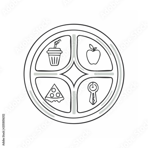Line art divided plate with food and object icons