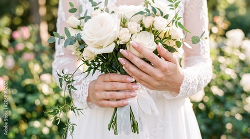 bridal beauty trends, a bride showcases elegant almond-shaped nails with a classic french tip, holding a delicate rose bouquet in a sunlit garden