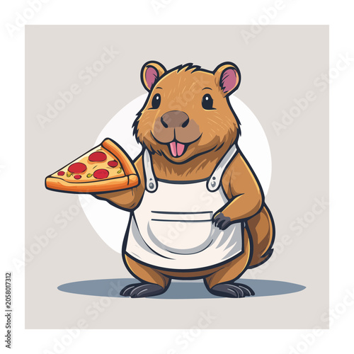 Cartoon Capybara Holding Pizza Slice in Apron