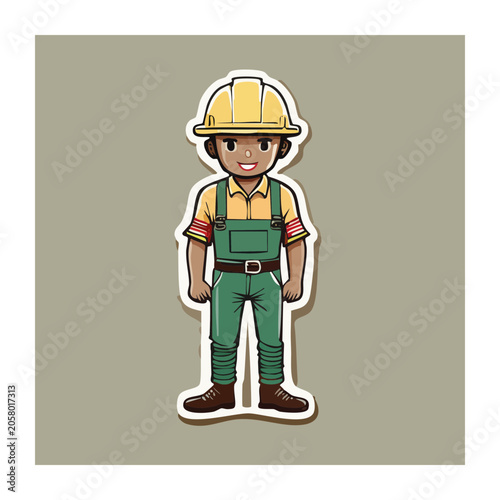Cartoon construction worker in green overalls and hard hat