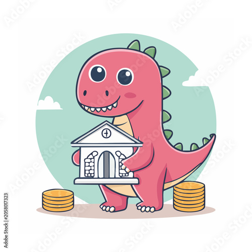 Cartoon dinosaur holding a house with gold coins