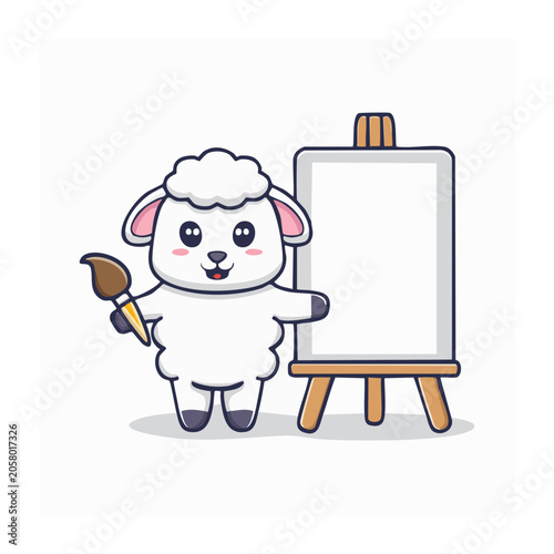 Cute cartoon sheep holding paintbrush by easel
