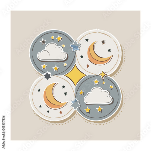 Flat design celestial badges with moon, stars, and clouds
