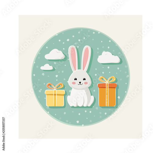 Cute White Rabbit with Gift Boxes in Circular Frame