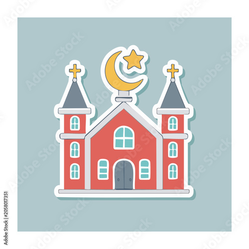 Flat Design Illustration of a Church with Moon and Star