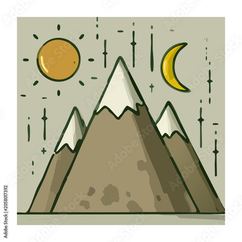 Flat Design Mountain Landscape with Sun and Moon