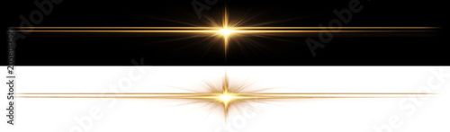 Lens flare classic gold horizontal beam with long sharp starburst spikes for luxury branding and premium templates with transparent background.