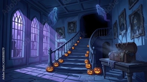 Digital illustration of a haunted mansion grand hall with a staircase decorated with Halloween pumpkins, moonlight shining through arched windows, flying ghosts, and an open old chest.