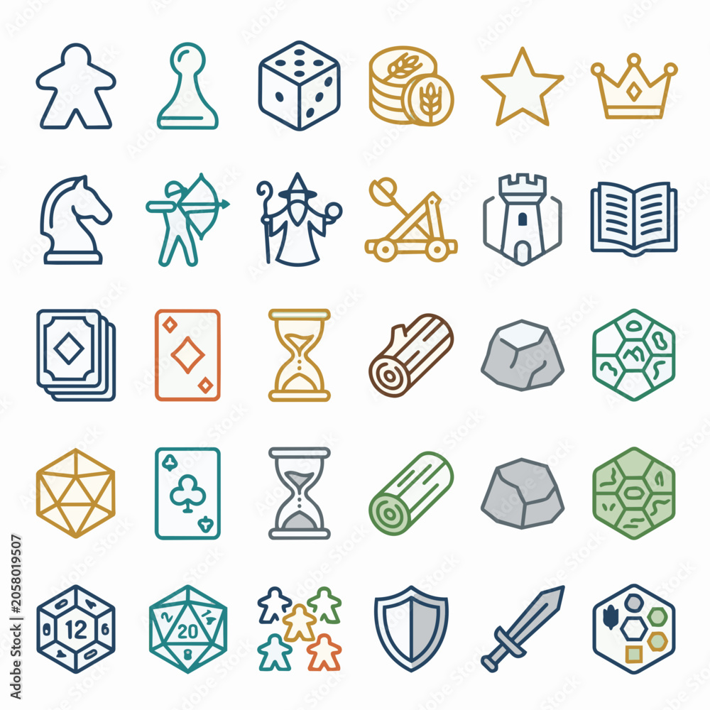 Naklejka premium Collection of icons representing strategy and tabletop game elements, including player pieces, dice, cards, and medieval imagery, displayed in a grid on a white background
