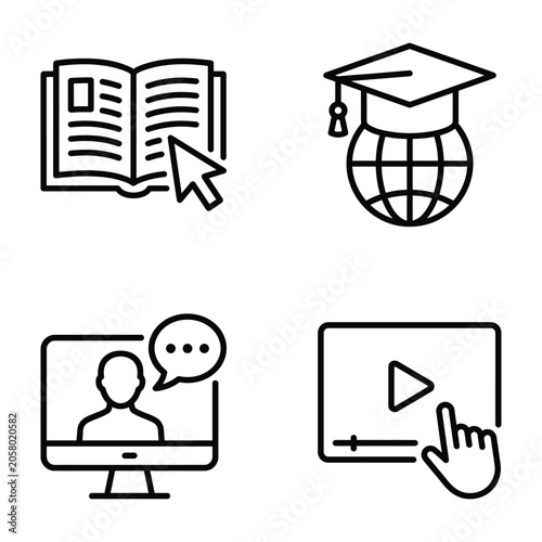 Set of online learning and education line icons with e learning education graduation