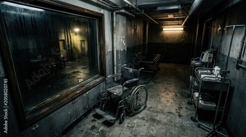 Abandoned Hospital Hallway With Wheelchair And Medical Equipment View