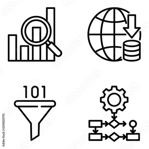 Set of business data analysis and process management line icons with business analysis management