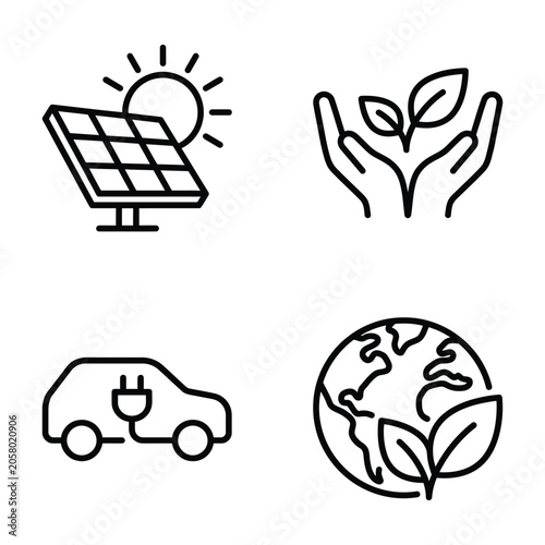 Set of sustainability and green energy line icons with sustainability environment electric