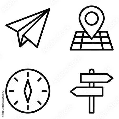 Set of travel navigation and global location line icons with navigation location signpost