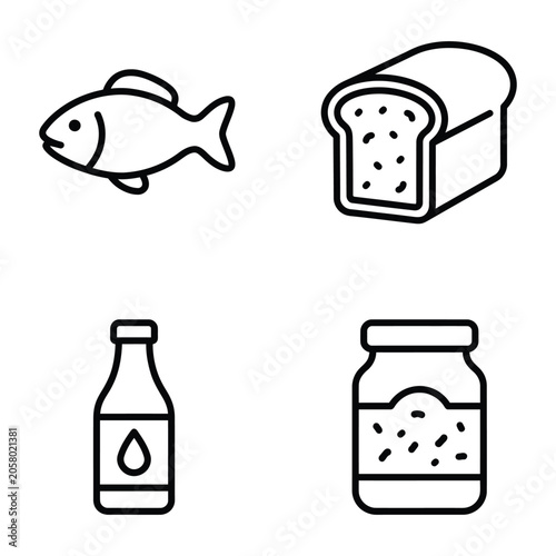 Four linear food and pantry icons set with ingredients graphics container preserves nutrition
