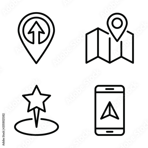 Set of navigation and location marker line icons including map pin and smartphone gps symbols