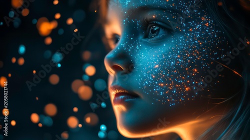 Close-up of a young girl mesmerized by a cosmic light display, with vibrant blue and orange particles illuminating her face in a dark setting