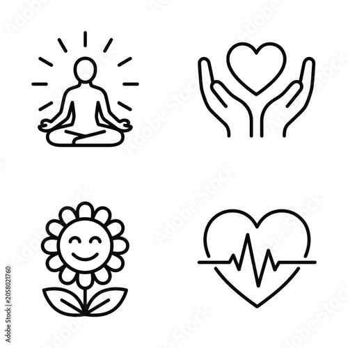 Wellness and healthy lifestyle line icons set including meditation heart and flower with wellness