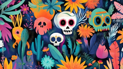 Colorful Collection of Vibrant Illustrations Featuring Skulls, Plants, Animals, and Unique Characters Perfect for Celebrating Culture and Art Elements