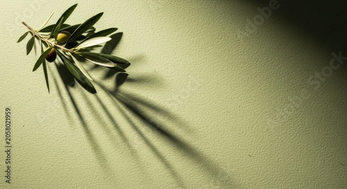Elegant olive branch with ripe fruits casting delicate shadows on green backdrop
