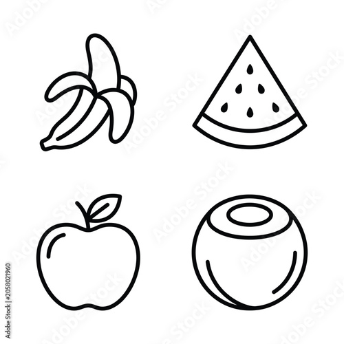 Set of assorted fresh fruit line icons including banana watermelon apple and coconut with watermelon