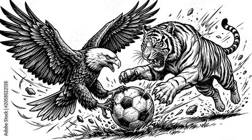 Obraz na plátně Eagle and Tiger Soccer Battle.