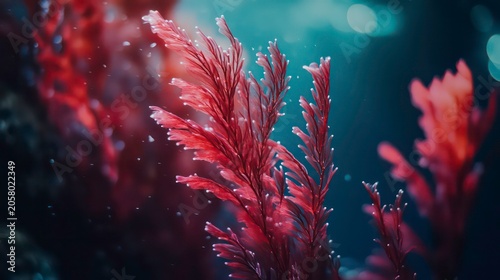 Close-up of vibrant red algae with delicate fronds swaying gently in the underwater current, showcasing the beauty and fragility of marine life.