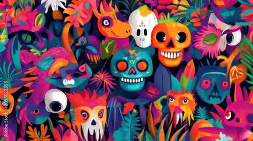 Colorful Collection of Vibrant Illustrations Featuring Skulls, Plants, Animals, and Unique Characters Perfect for Celebrating Culture and Art Elements