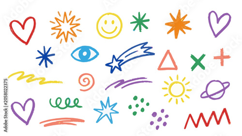 Slika na platnu Colorful charcoal doodle elements (shapes, hearts, stars, planets, etc) VECTOR F