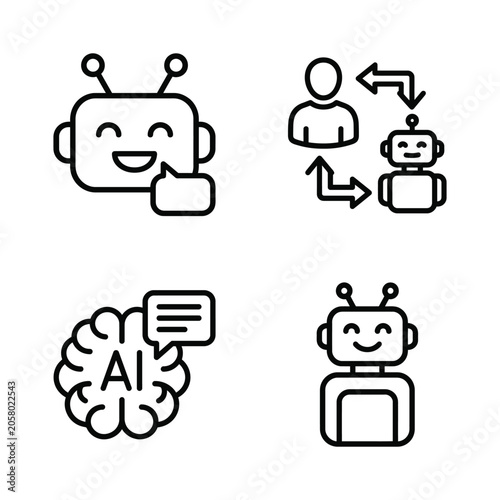 Artificial intelligence and chatbot communication line icon set with artificial, intelligence
