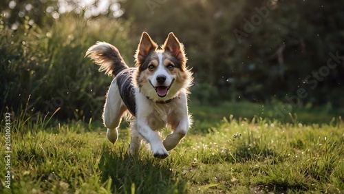 Happy Dog Running on Green Grass at Sunset with Natural Backlight and Outdoor Freedom Concept