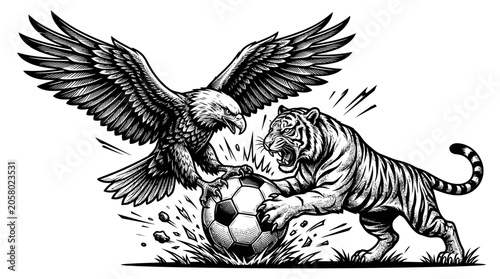 Tableau sur toile Eagle and Tiger Soccer Fight.