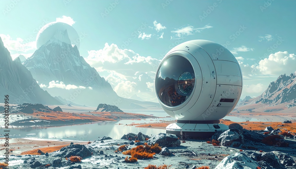 Fototapeta premium Futuristic Space Station on an Alien Planet with Mountains.