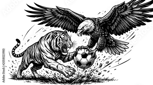 Quadro su tela Tiger and Eagle Fighting Soccer.