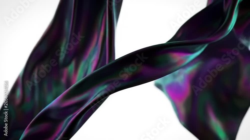Abstract flowing iridescent silk fabric on a white background.