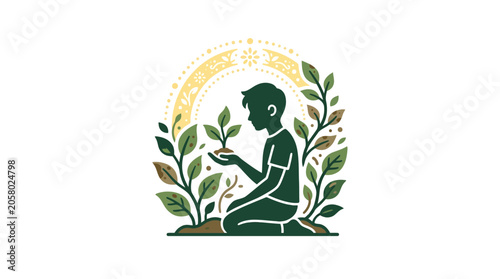 Fotografi A silhouette of a young child kneeling and nurturing a small green plant