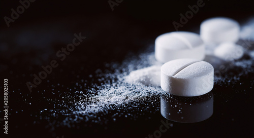 Macro close-up shot of white pharmaceutical tablets and crushed medical powder on a dark reflective surface, symbolizing healthcare, pain management, and the pharmaceutical industry concept.