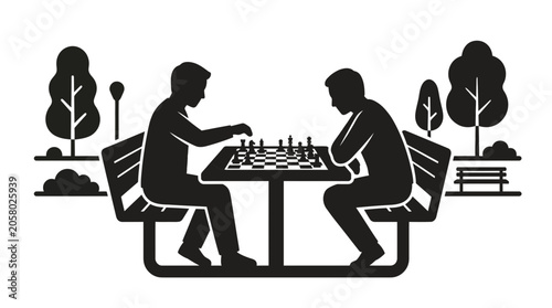 Foto Two men sitting on benches playing a game of chess together.