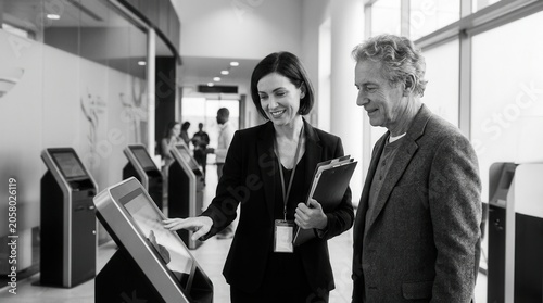 Business Professionals Using Interactive Kiosk Technology Together