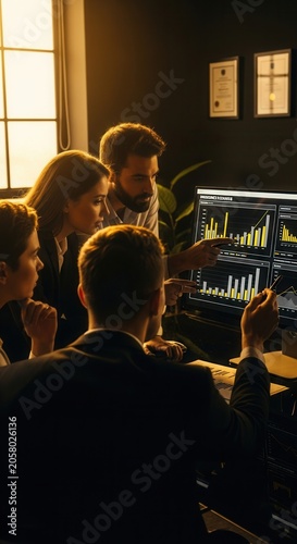 Business Team Analyzing Financial Data On Computer Screens