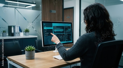 Business Woman Interacting With Digital Analytics Dashboard Interface Display