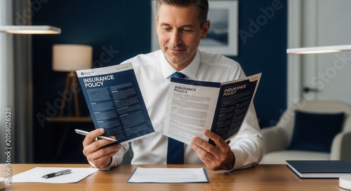Businessman Reviewing Insurance Policies Carefully While Working At His Office Desk
