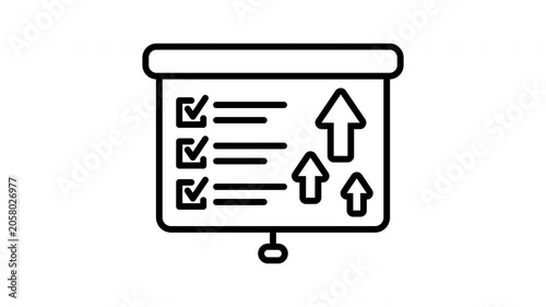 Projector screen checklist with growth arrows line art animation for business goal report presentation