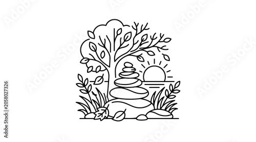 Photography A minimalist line art illustration featuring a balanced stone cairn under a tree at sunset