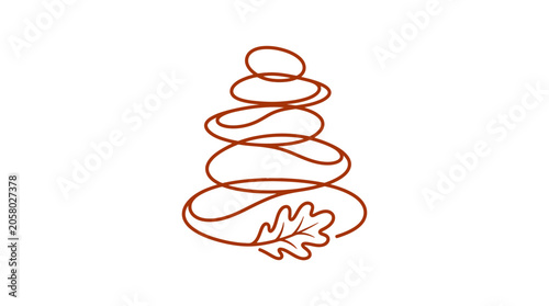 Canvas Print A minimalist continuous line drawing of a stacked stone cairn with an oak leaf